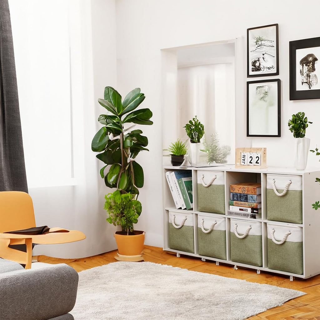 Fabric Storage Cubes, 11 inch cube storage bin with Handles, 11x11cube storage organizer bins, Collapsible Storage Bins for Shelves and Home, Cubby Storage Bins (white-green, 10.5x10.5x11in)