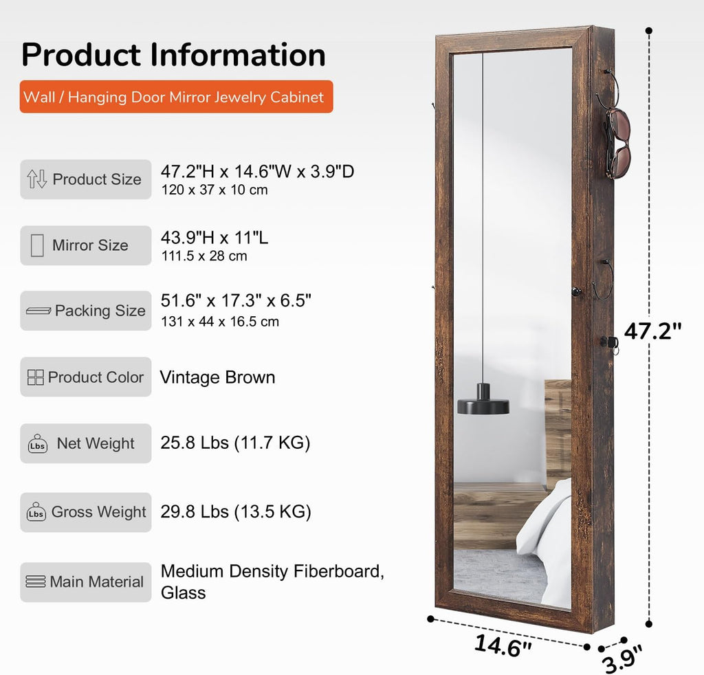 GISSAR Jewelry Mirror Armoire Wall Mount Over The Door Mirror Jewelry Cabinet Storage Mirror Organizer Lockable Full Length Door Mirror,Vintage Brown, GMJ2003V