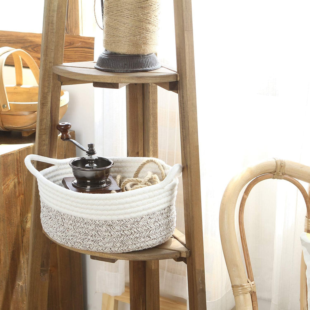Sea Team 2-Pack Cotton Rope Baskets, 10 x 7 x 4 Inches Small Woven Storage Basket, Fabric Tray, Bowl, Oval Open Dish for Fruits, Jewelry, Keys, Sewing Kits (Mottled Brown & White)