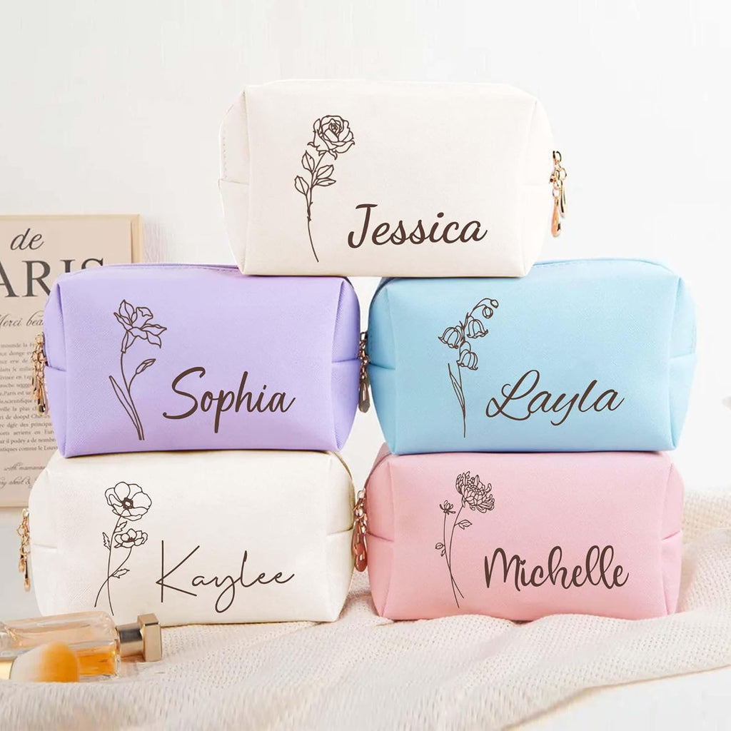 Personalized Makeup Bag with Name & Birth Flower, Custom Leather Cosmetic Bags for Women, Customized Travel Toiletry Bag Gifts for Bridesmaid Wedding