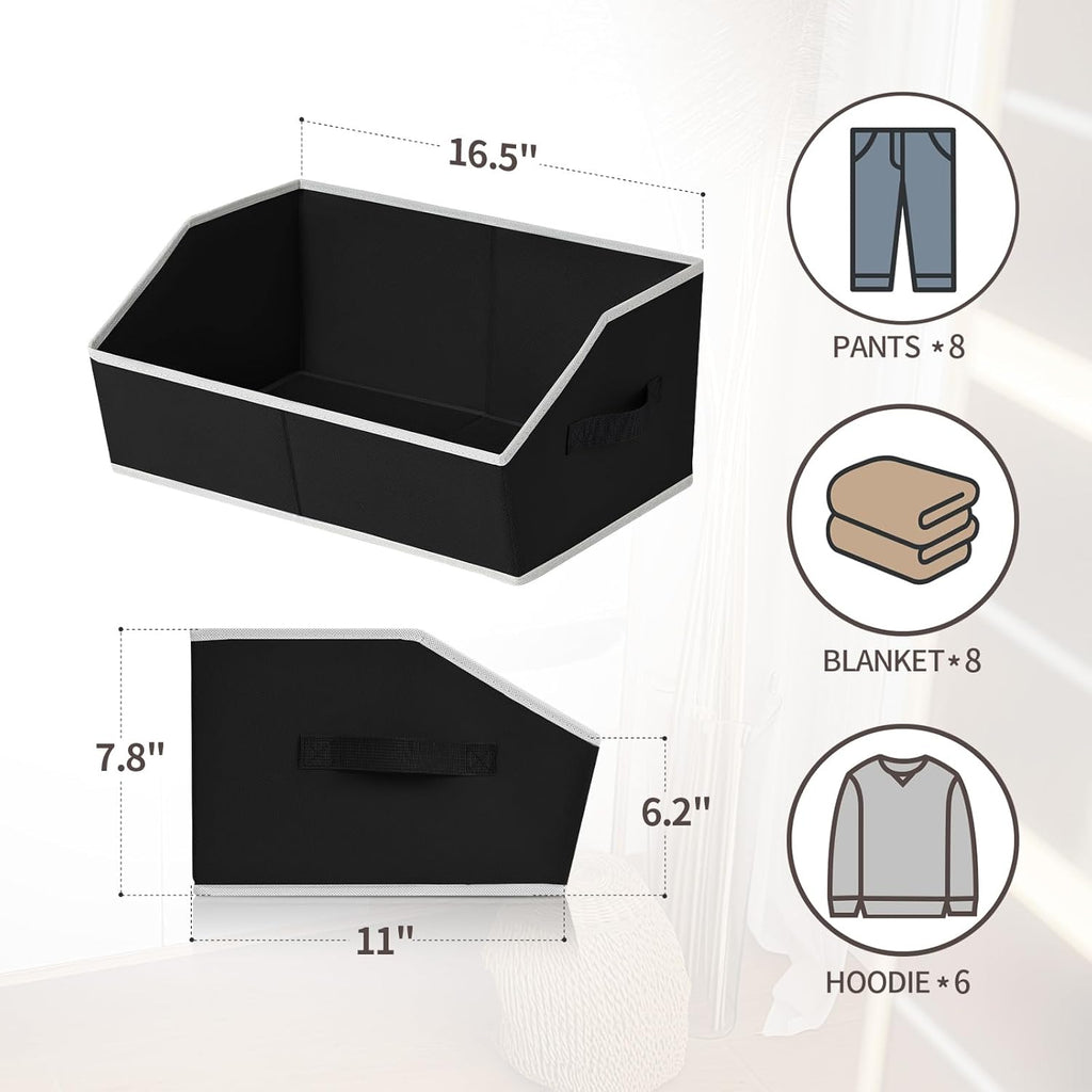 Storage Baskets for Shelves - Trapezoid Cube Storage Organizer Bins, Decorative Storage Baskets with Handles, Large Shelves Organizer for Home, Office, Dorm, Black, 4 Pack