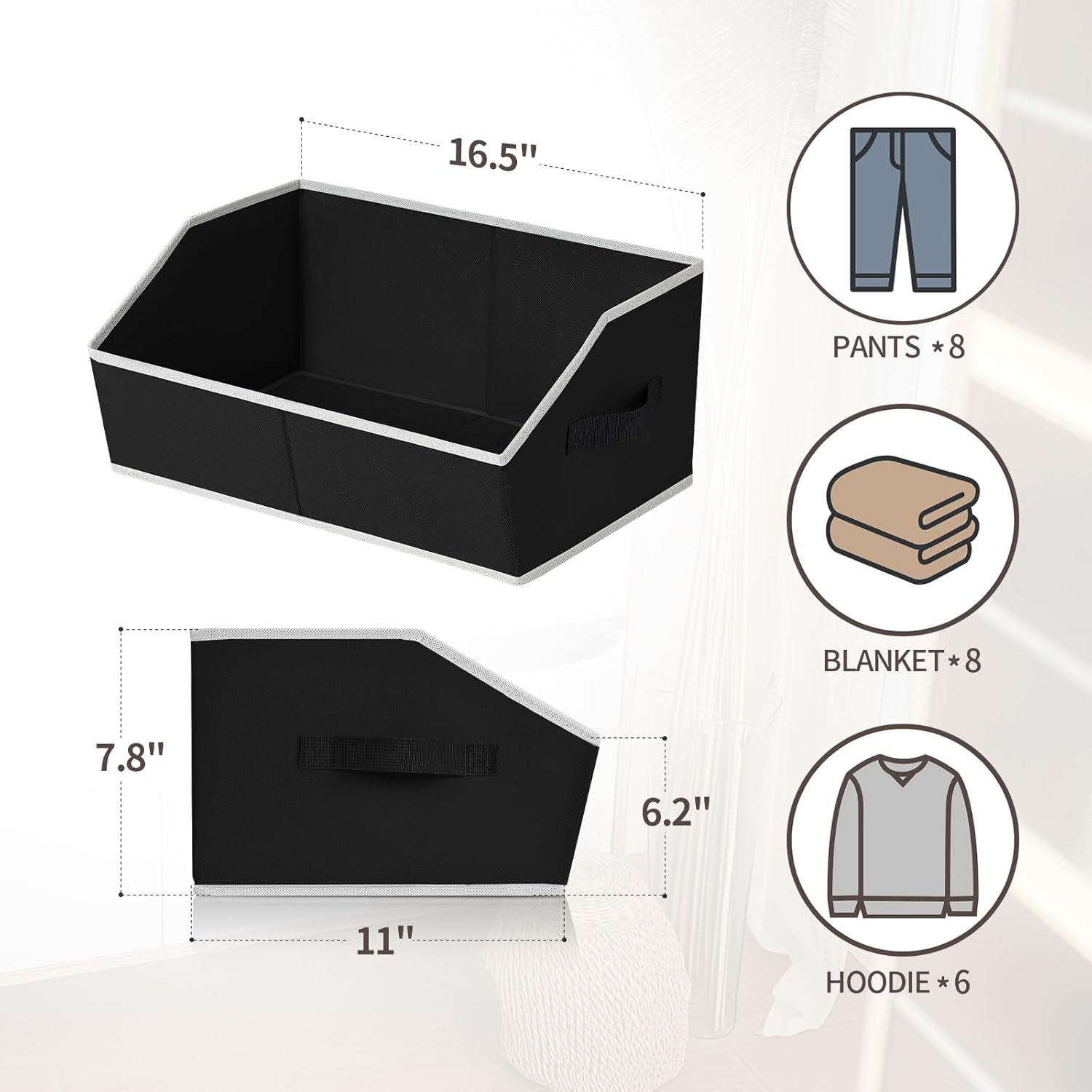 Cube Storage Bins - 6 Pack Trapezoid Storage Bins, Closet Organizers and Decorative Storage, Storage Baskets with Handle, Large Storage Basket for Home, Black