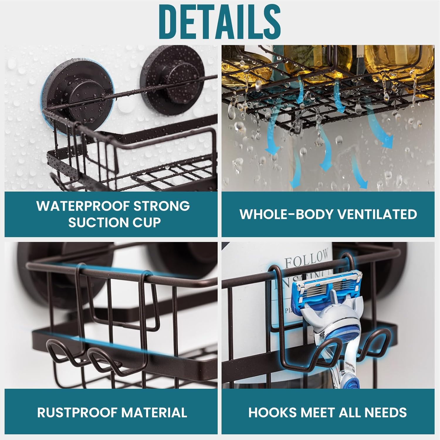 TAILI 2 Pack Powerful Suction Cup Shower Caddy Corner-adaptive, Stainless Steel Rustproof Shower Shelves with Hook, Drill-Free Wall Suction Baskets, Large Capacity Removable Bathroom Organizer, Brown