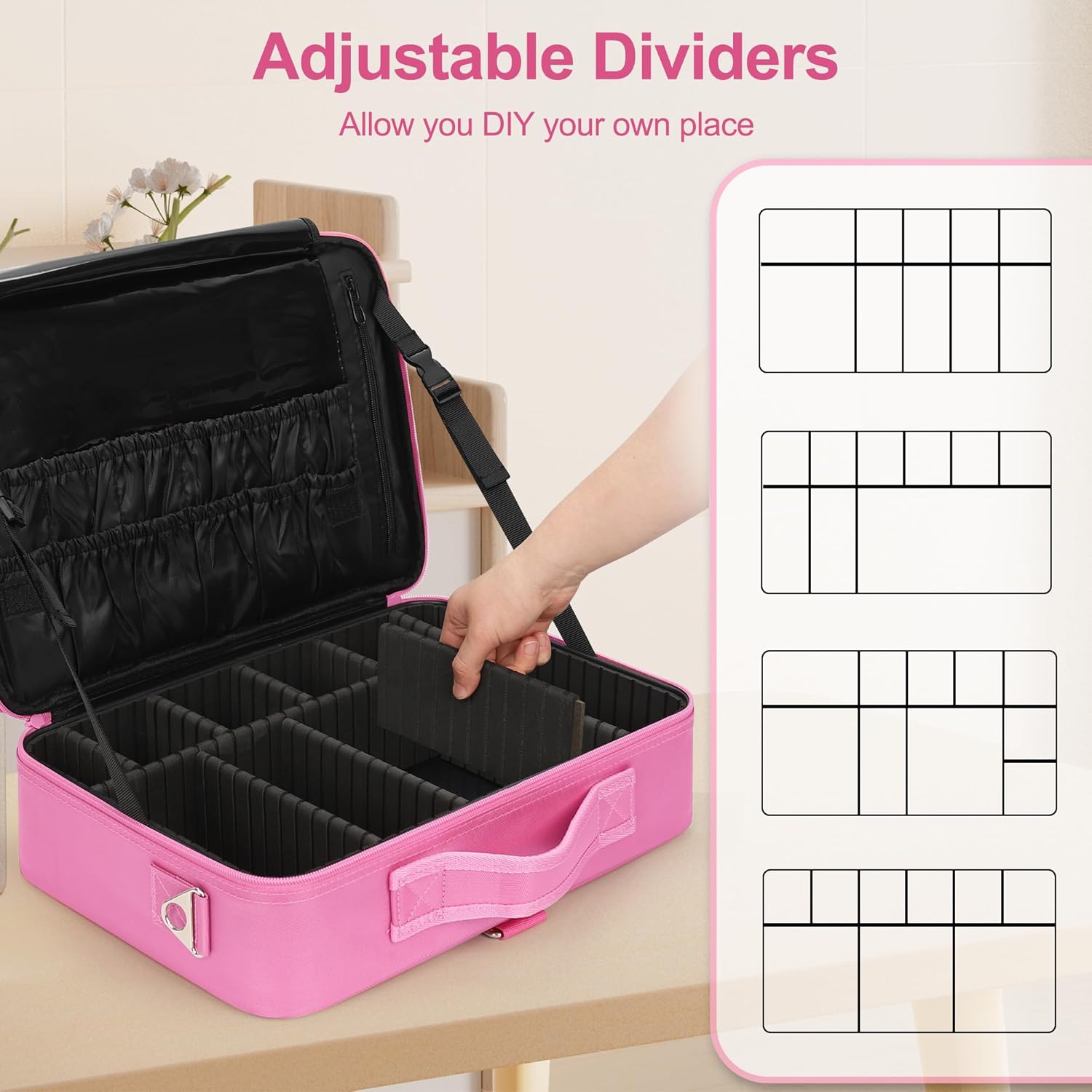 Relavel Makeup Case Large Makeup Bag Professional Train Case Travel Cosmetic Organizer Brush Holder Waterproof Makeup Artist Storage Box, 3 Layer Large Capacity, with Adjustable Strap, Rose Pink
