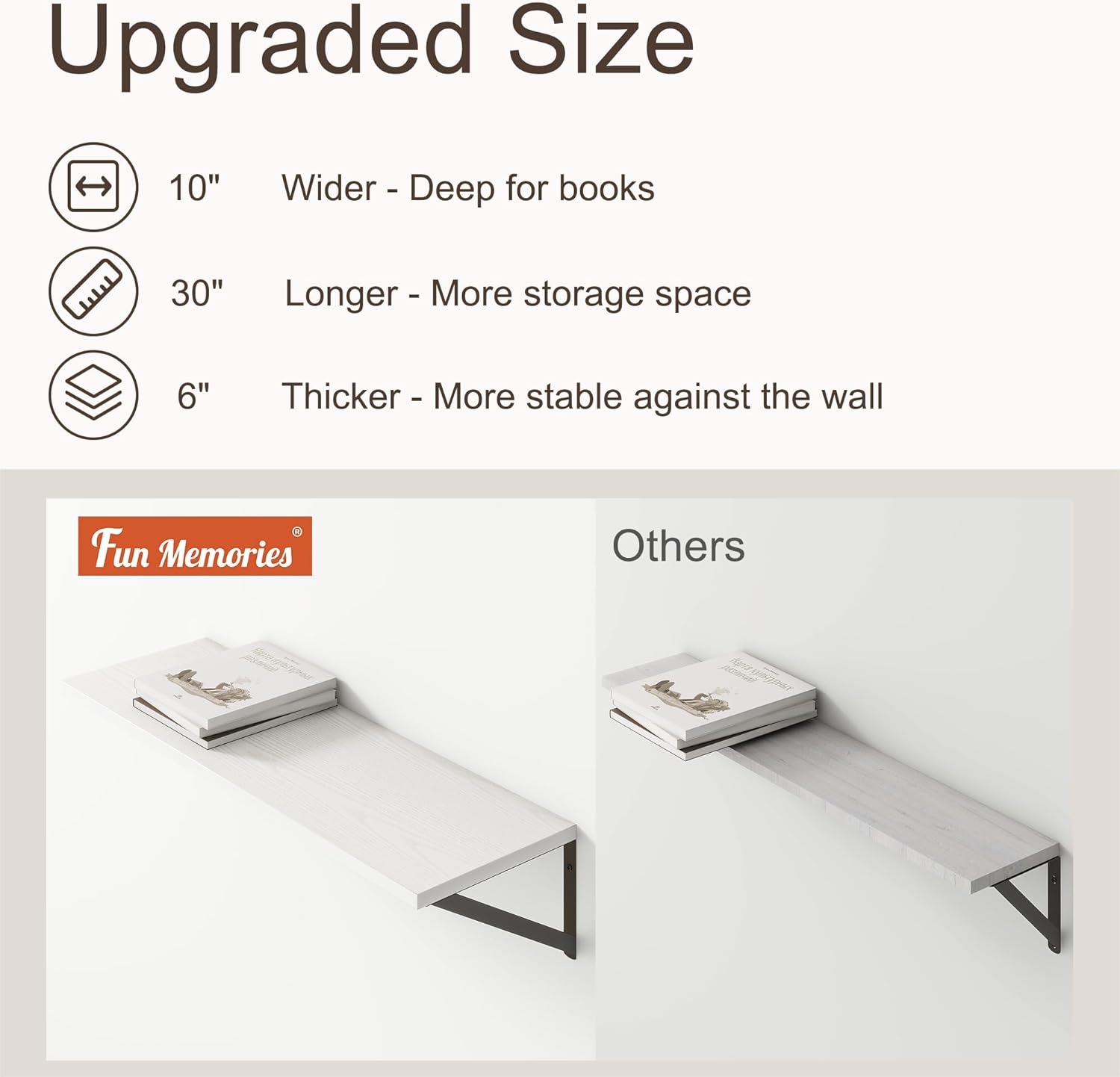 10 Inch Deep Floating Shelves, White Floating Shelves 30 Inch Long, Rustic Wood Wall Shelves 30"W x 10"D, Deep Floating Shelf with Bracket, Wide Storage Shelves for Books, Living Room, Bathroom