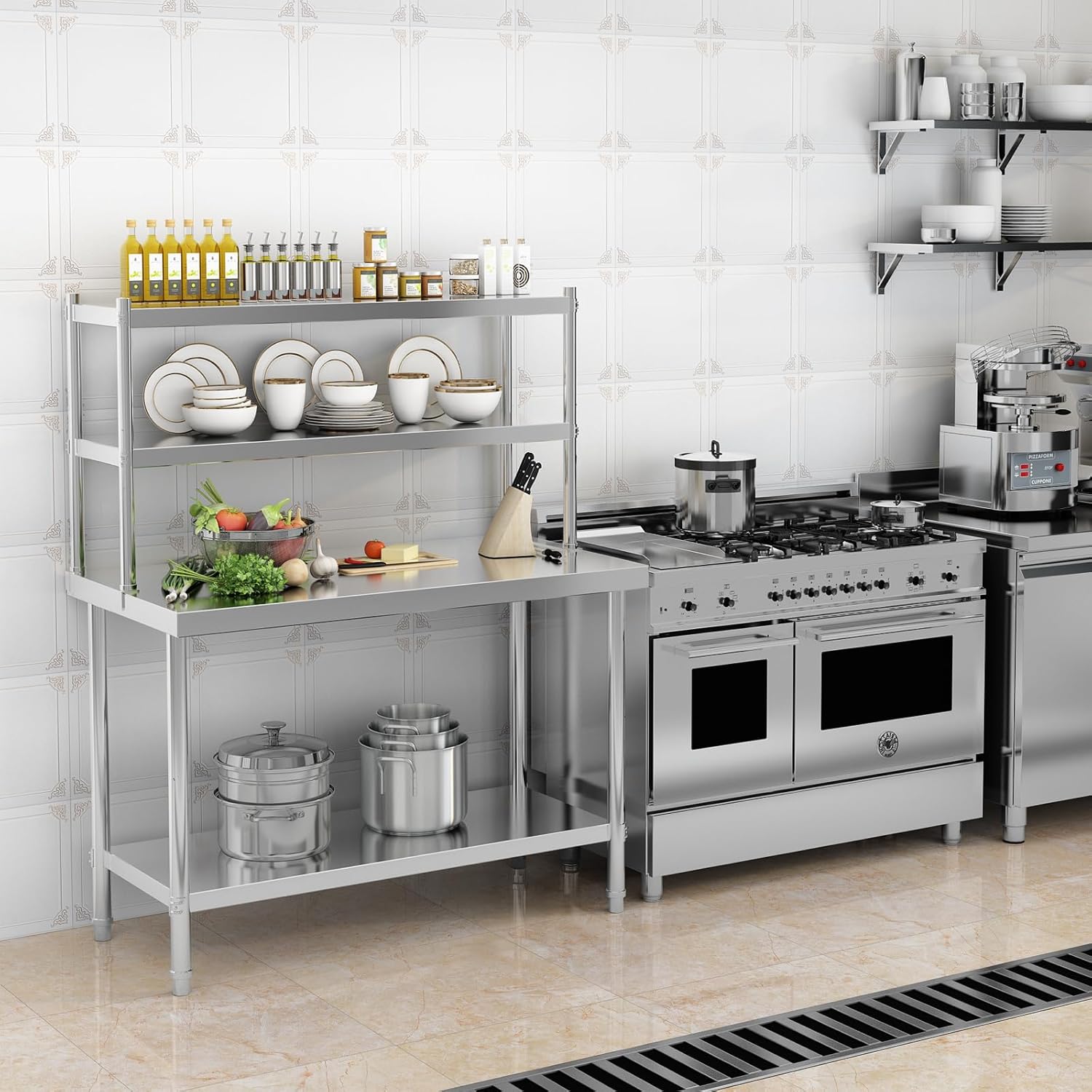 2-Tier Stainless Steel Commercial Work Table 47.2" W x 23.6" D x 31.5" H with Overshelf, Heavy Duty Kitchen Prep Table for Restaurant, Home Kitchen, Garage, Warehouse