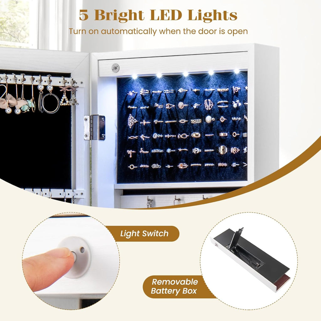 5 LEDs Mirrored Jewelry Cabinet Wall Mounted or Door Hanging, 42” Jewelry Box Armoire with Full Length Mirror, 2 Drawers & Shelves, Over the Door Jewelry organizers and Storage (White)