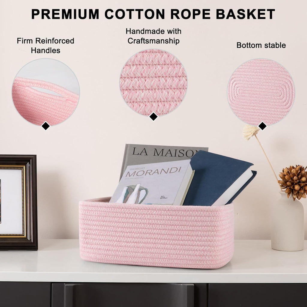 4 Pack Small Storage Shelf Baskets for Organizing, Mini Woven Rope Storage Bins for Towels, Cute Decorative Closet Organizer，Baby Nursery, Gift Empty Baskets -11.81''Lx7.87''Wx4.72''H-Pink
