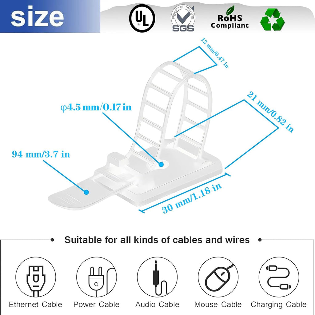 Cable Ties Cable Clips Wire Management Cord Clips Under,Desk Cable Management Reusable Zip Ties Wire Organizer Under Desk 50 Packs (White)