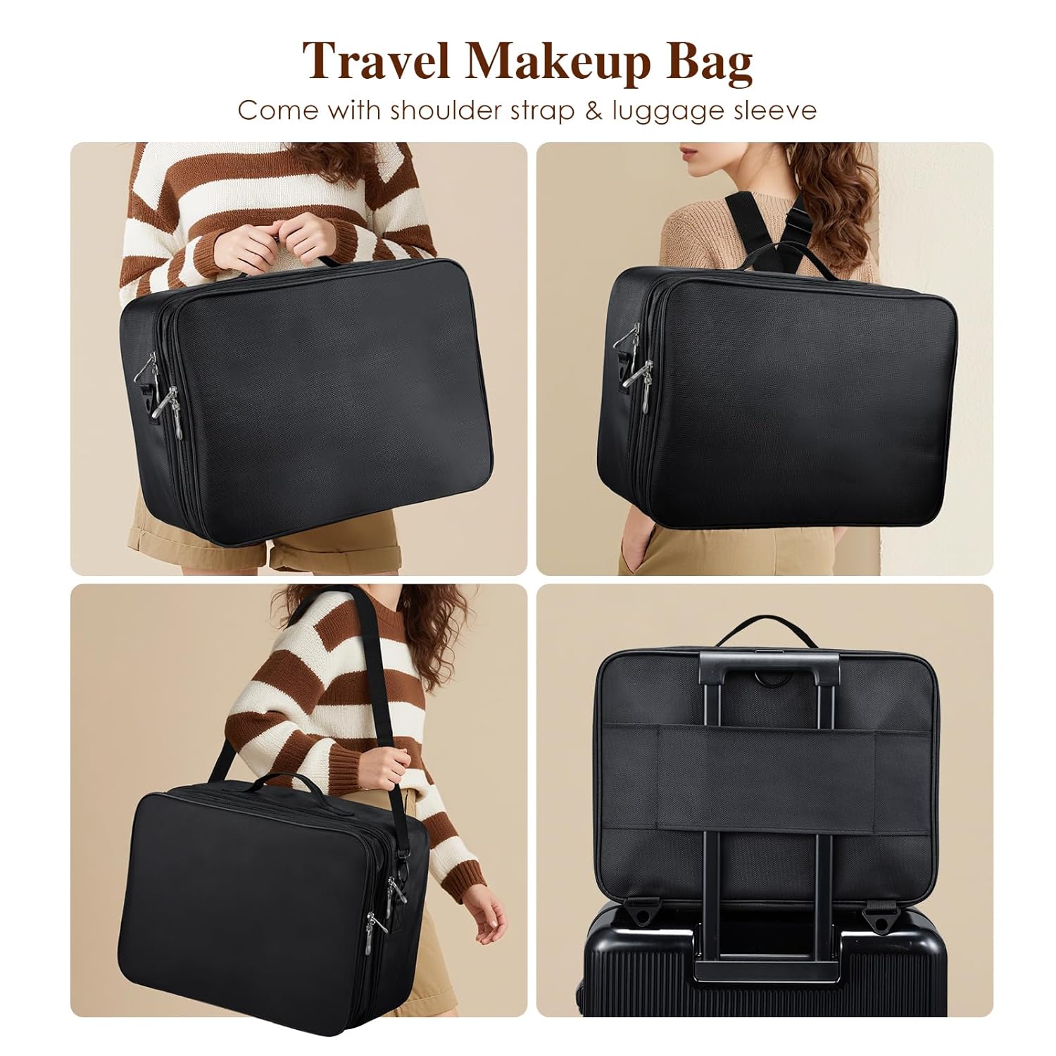 Adazzo Extra Large Makeup Case 8.5” Deep Professional Cosmetic Organizer Box Brush Holder with 3 Clear Set Bags/Lipstick Plate for Makeup Artists with Shoulder Strap/Adjustable Dividers/Luggage Sleeve