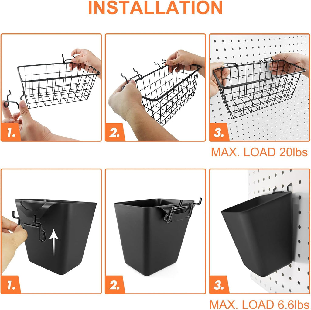 Pegboard Basket Organizers, Peg Board Large Baskets Hooks Bins Cups Tool Organizer 6 Pack Set, Wall Storage Display Hanging Accessories for Craft Office Stadio Shed Garage Organization (Black & Black)