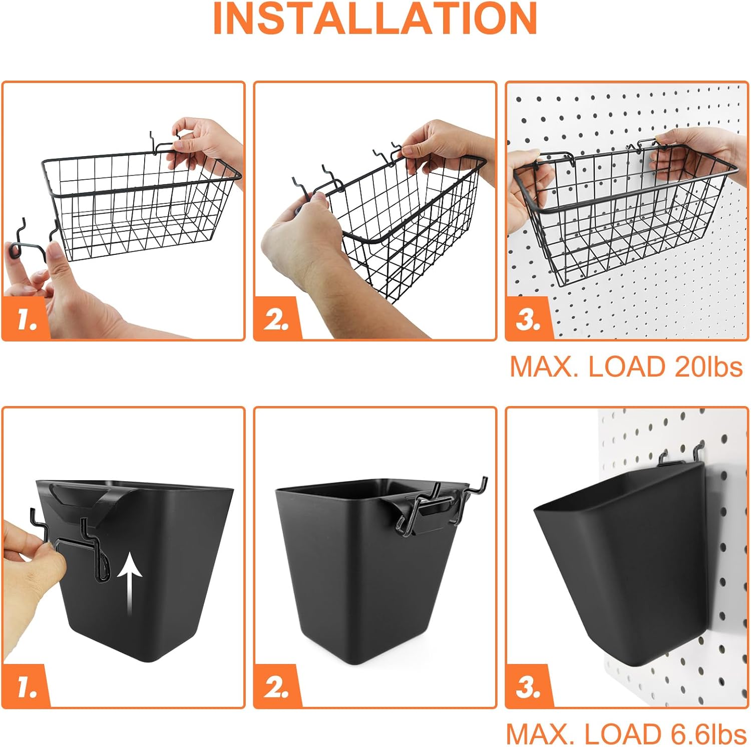 Pegboard Basket Organizers, Peg Board Large Baskets Hooks Bins Cups Tool Organizer 6 Pack Set, Wall Storage Display Hanging Accessories for Craft Office Stadio Shed Garage Organization (Black & Black)