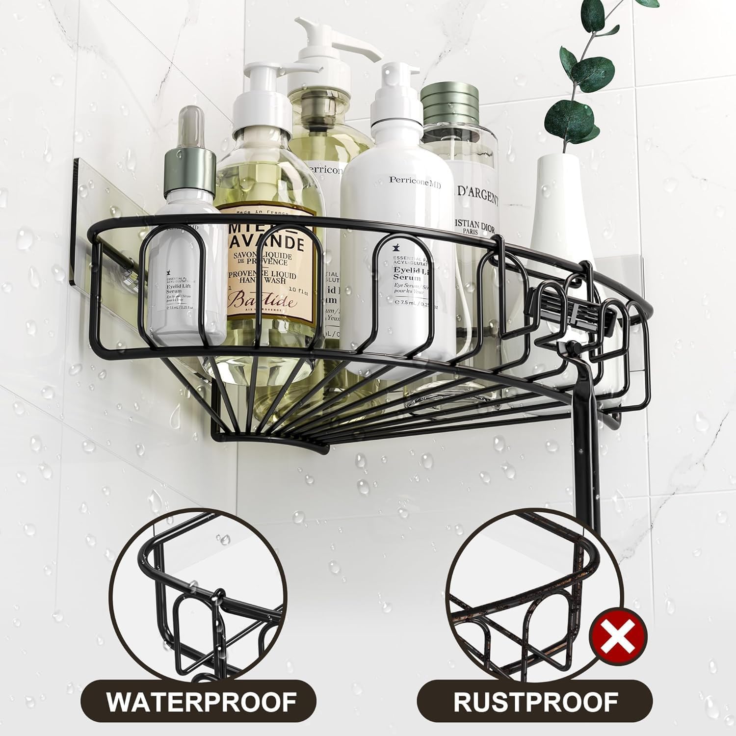 Orimade Corner Shower Caddy Stainless Steel with Hooks Wall Mounted Bathroom Shelf Storage Organizer Adhesive No Drilling 3 Pack, Matte Black Only for 90-Degree Corner