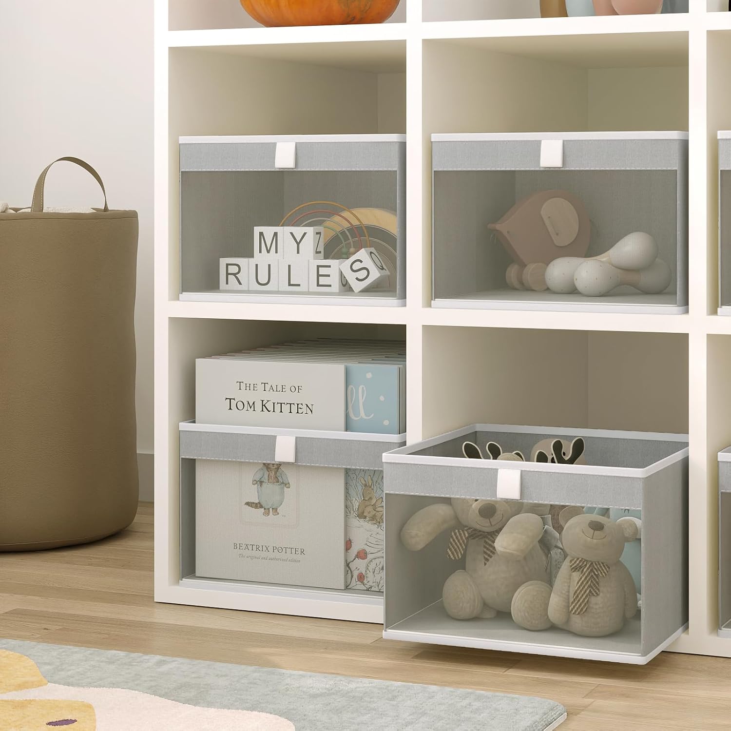 Linen Closet Organizers and Storage, Closet Storage Bins Basket Organizer, Foldable Organization Baskets with Mesh Window for Clothes Towels and Toys, 12.75" x 12.75" x 9", Gray, 2 pack