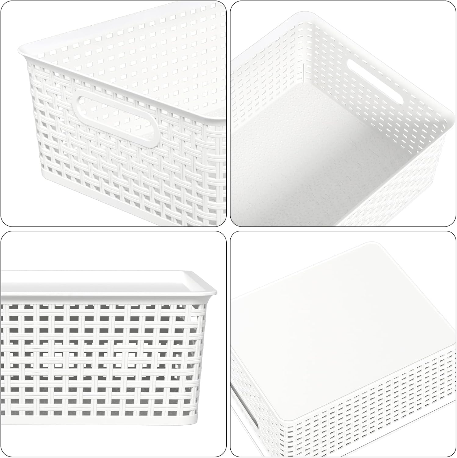 6 Pack Stackable Lidded Storage Baskets, Plastic Woven Baskets for Organizing, White