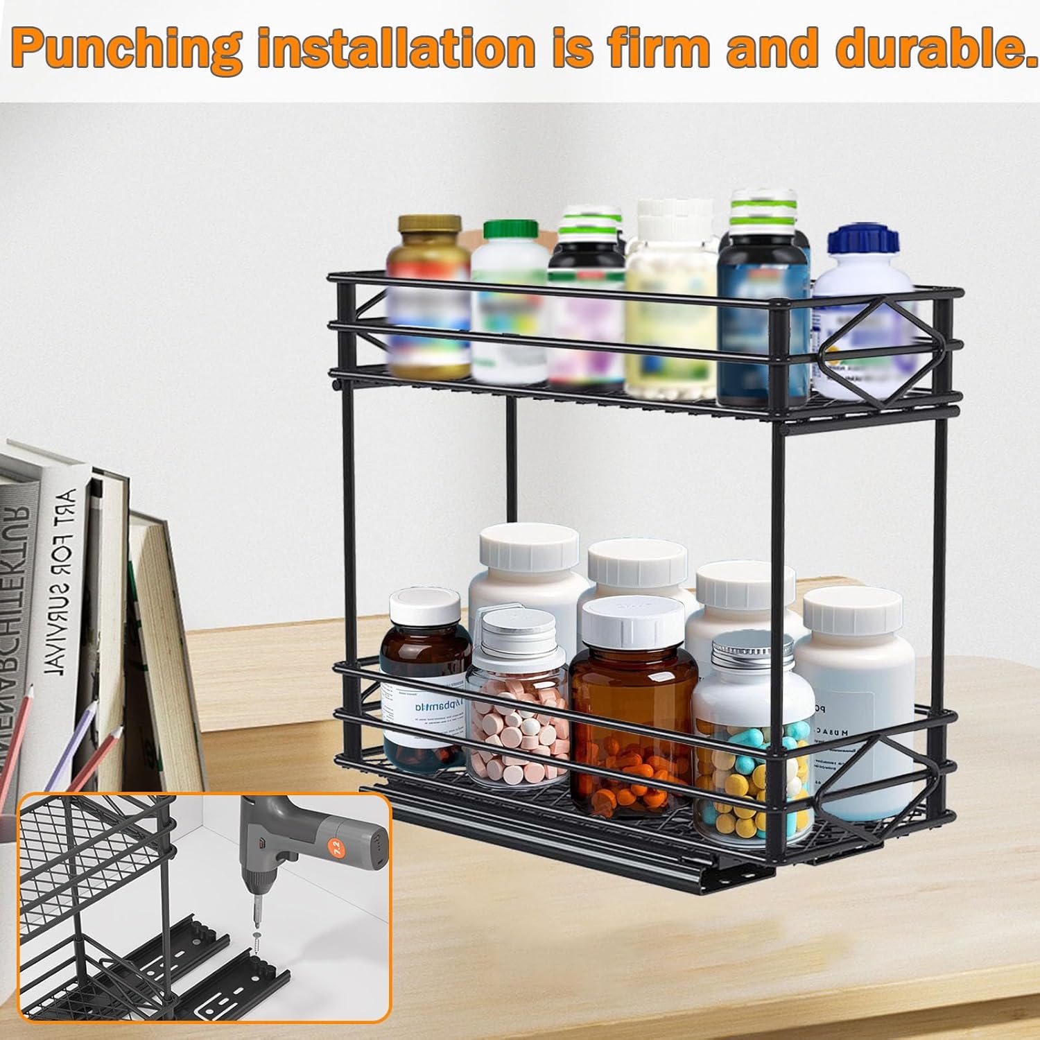 Pull Out Medicine Organizer,Slide Out Storage Drawers,Spice Rack Organizer for Cabinet,Pill Bottle Storage for Holding Vitamins,Supplements Cosmetics,10.43”L x 4.33”W x 7.87”H,2 Tier,Black