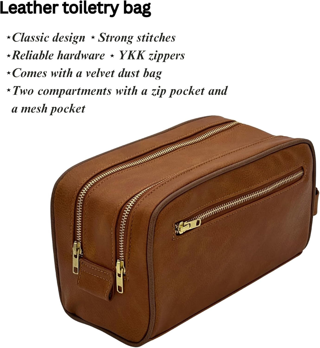 Dopp Gift Large Travel Toiletry Bag Premium Quality PU Leather Two compartments YKK Zippers Water-resistant Bottom Studs Mesh Pockets Durable Cosmetic Organizer CARAMEL LIGHT BROWN