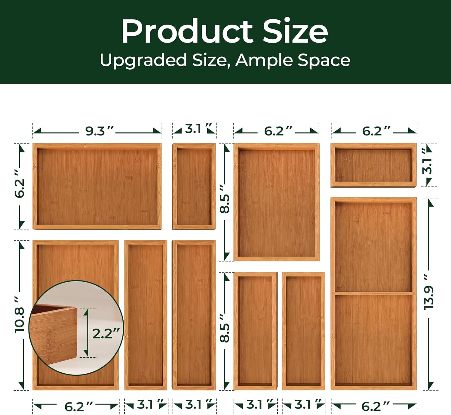 10-Piece Bamboo Drawer Organizer Set, 2.2" Deep Multi-Use Organizers for Utensils, Silverware, Cutlery, Desk, Bathroom, Junk Drawer & Makeup, Non-Slip Feet Included.