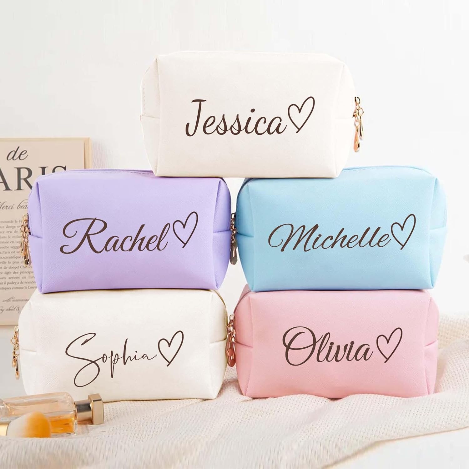 Personalized Makeup Bag with Name & Birth Flower, Custom Leather Cosmetic Bags for Women, Customized Travel Toiletry Bag Gifts for Bridesmaid Wedding
