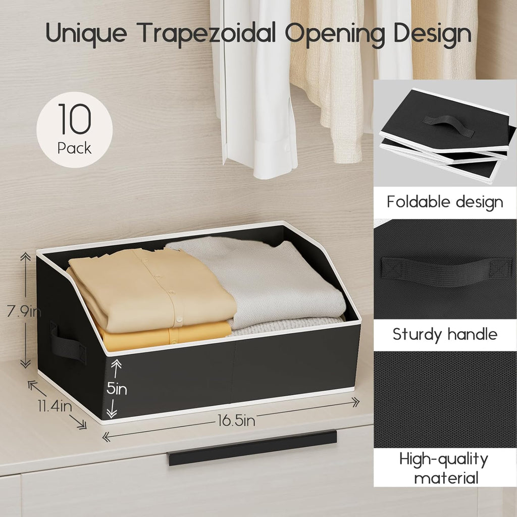Large Closet Organizers and Storage Bins - 10 Pack Trapezoid Storage Baskets for Shelves, Foldable Fabric Baskets with Handles Ideal for Closet, Basket, Wardrobe and Shelf Storage, Black