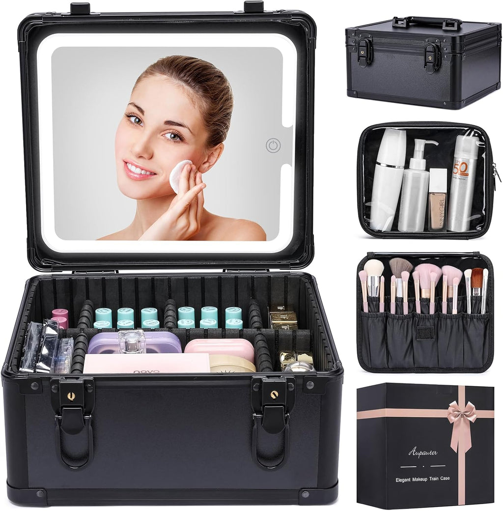 Makeup Box with Led Mirror,Travel Train Hard Case with Rechargeable Lighted Mirror Adjustable Dividers,Cosmetic Organizer Storage Bag for Makeup Artists,Appropriate Gift for Women and Girls,Black
