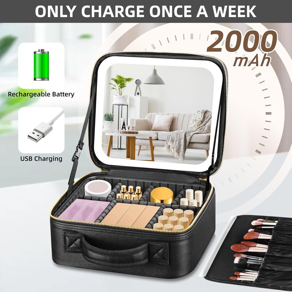 Makeup Bag with Mirror and Light 3 Colors, Travel Make up Bag with Mirror Portable Lighted Makeup Case Organizer Cosmetic Case with 2-Layers Adjustable Dividers & 10X Magnifying Mirror(Black)