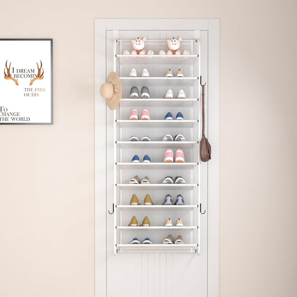 10 Tier Shoe rack Hanging Shoe Storage the door shoe rack for Closet Pantry Over The Door Shoe Organizer Wall Floating Shelves (White, 10 Tier)