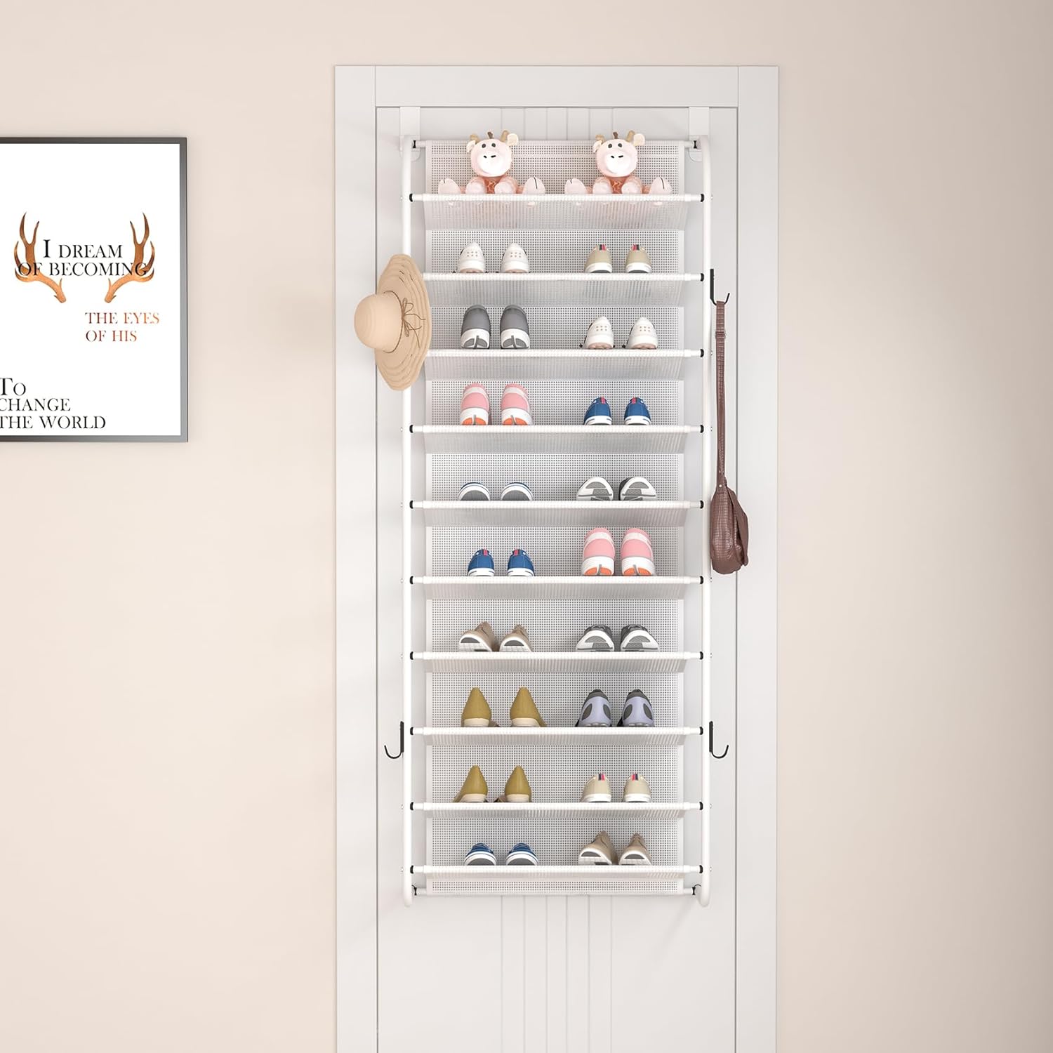 10 Tier Shoe rack Hanging Shoe Storage the door shoe rack for Closet Pantry Over The Door Shoe Organizer Wall Floating Shelves (White, 10 Tier)