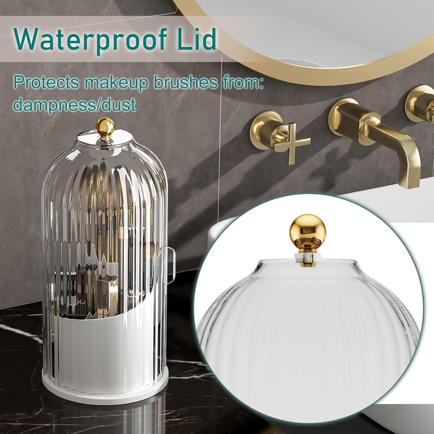 GAXmi Makeup Brush Holder with Lid Cosmetic Tools Organizer 360 Rotating Waterproof Dustproof Beauty Brushes Storage for Vanity, Transparent