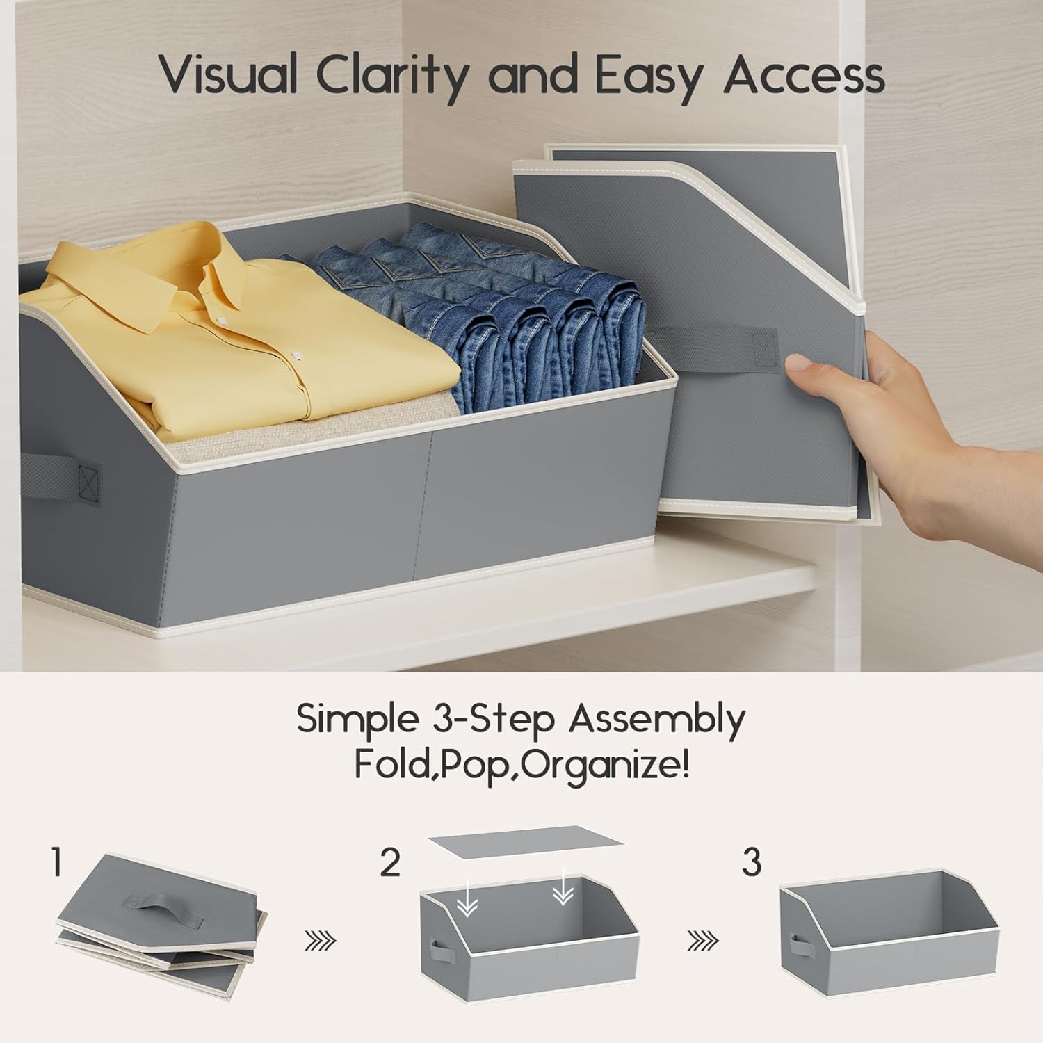 Large Closet Organizers and Storage Bins - 6 Pack Trapezoid Storage Baskets for Shelves, Foldable Fabric Baskets with Handles Ideal for Closet, Basket, Wardrobe and Shelf Storage, Grey