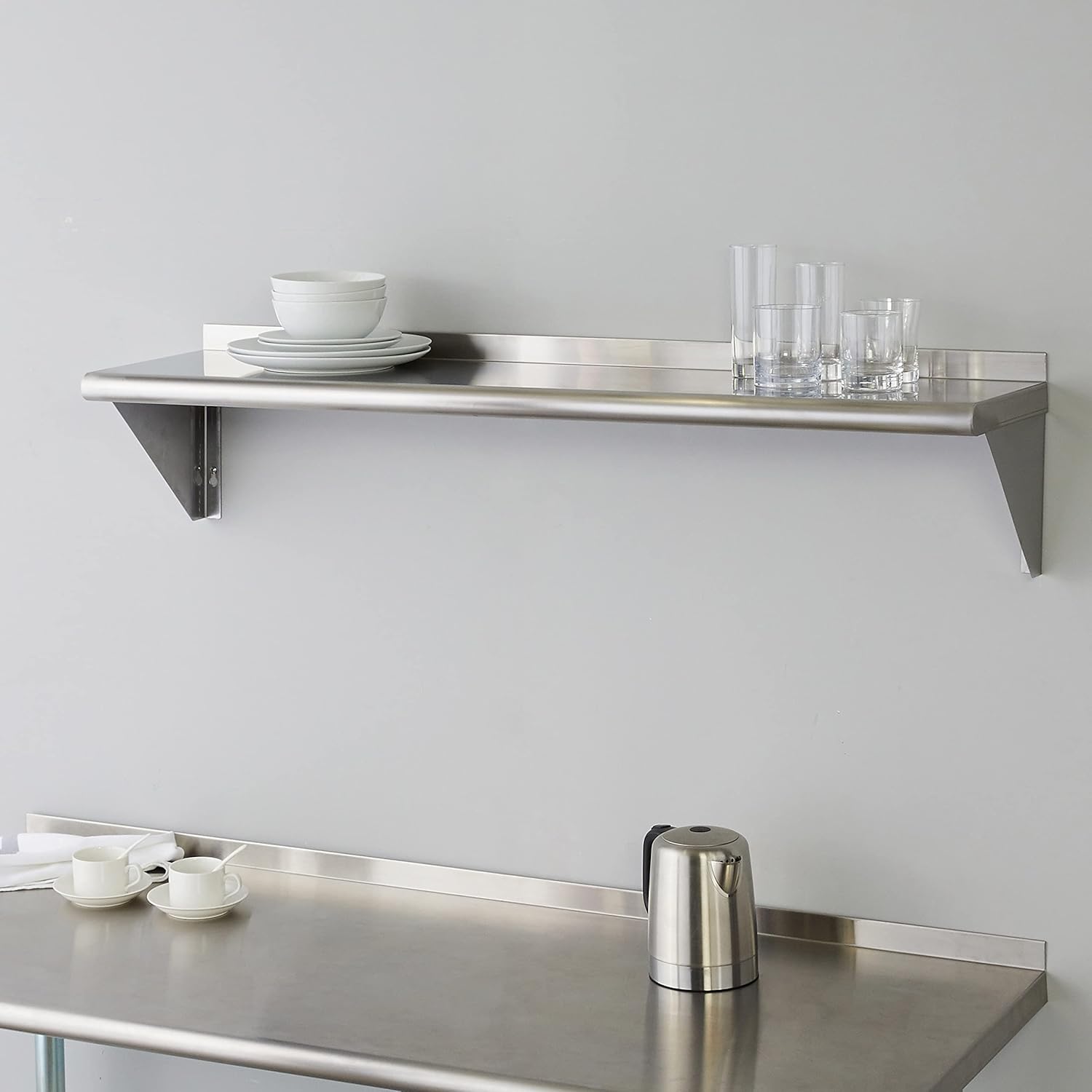 ROCKPOINT Stainless Steel Shelf 12 x 48 Inches 350lb, NSF Metal Commercial Shelves Wall Mount Floating Shelving with Backsplash for Restaurant, Kitchen, Home and Hotel, Silver