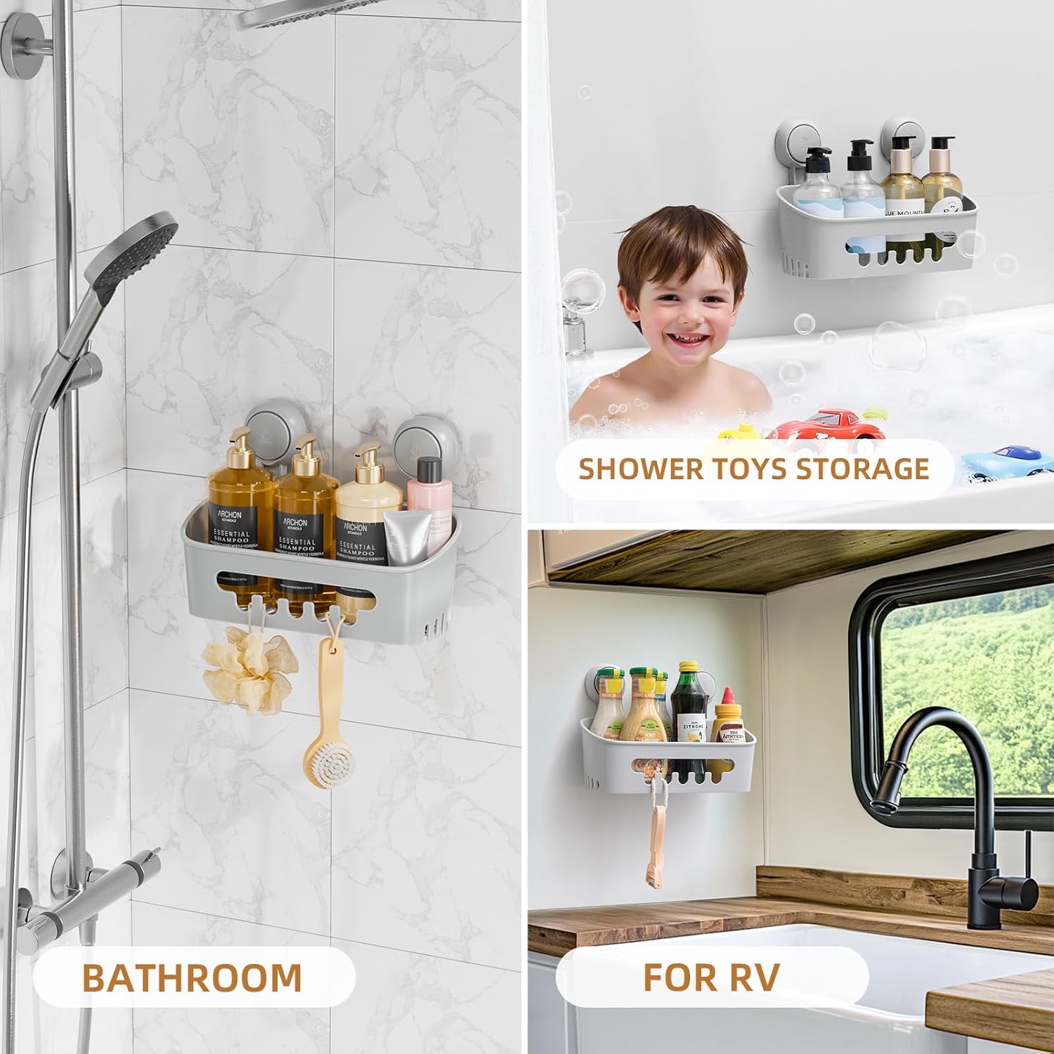 LEVERLOC Shower Caddy Suction Cup, Shower Organizer Removable Bathroom Shelf, Storage Suction Powerful Max Hold 22lbs Bathroom Caddy Waterproof Holder, Gray