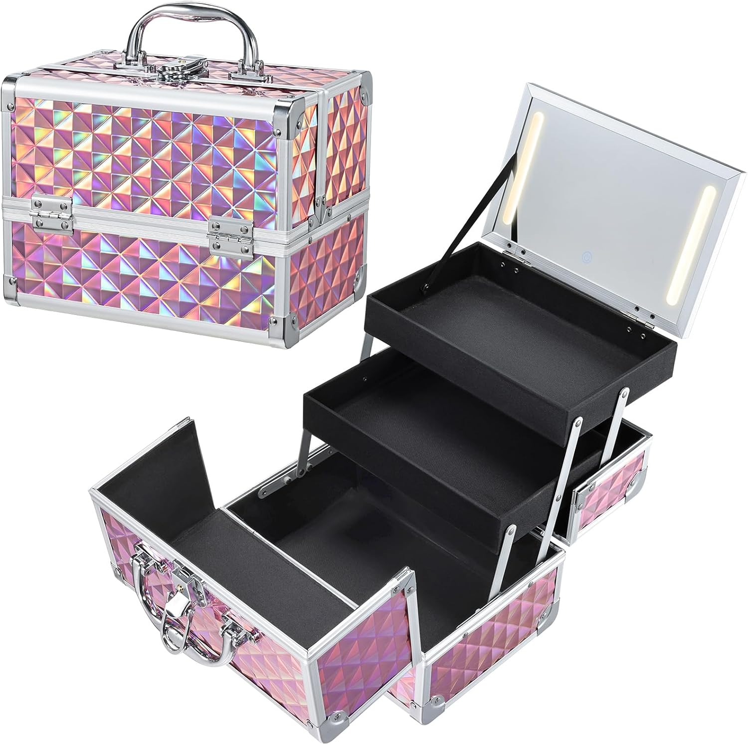 Makeup Case with Lighted Mirror Travel Makeup Organizer Box 2 Trays Lockable Cosmetic Train Case with LED Mirror for Make Up Nail Kits Sewing Vanity Storage Case Glossy Pink