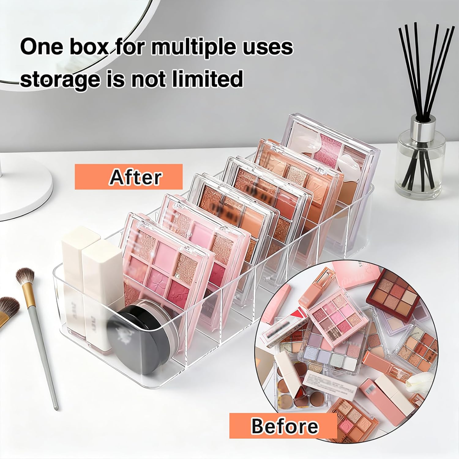 2 Pack Clear Acrylic Makeup Organizers, 7-Section Bathroom Organizer for Drawer, Cosmetic Display Cases, Blushes Highlighters Eyeshadow Powder Makeup Organizer Holder Storage