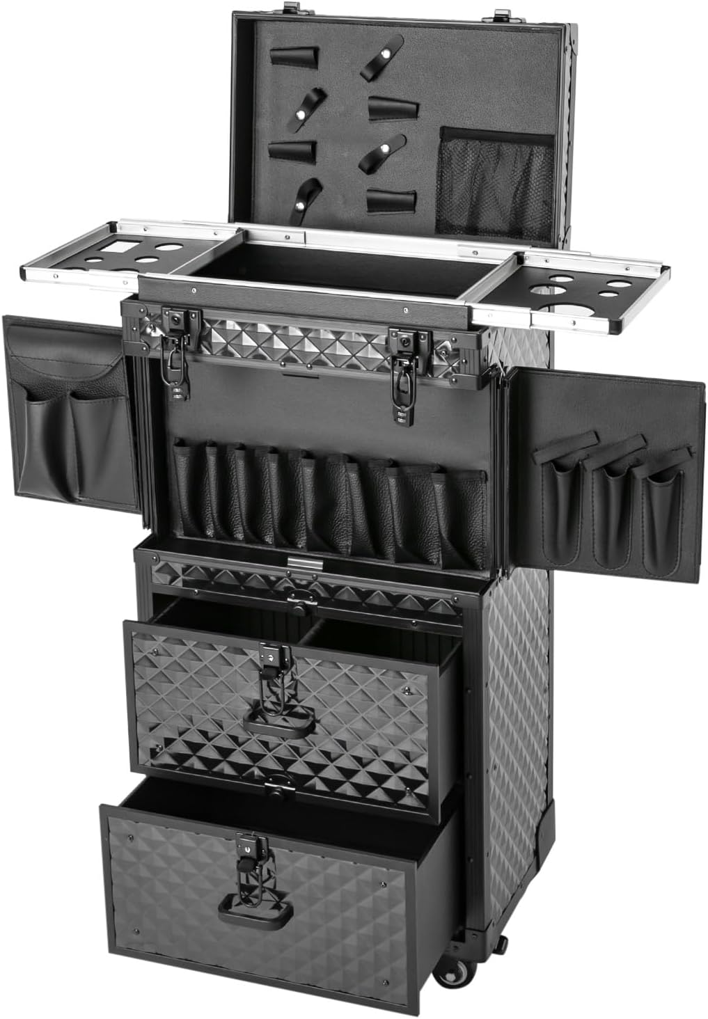 Rolling Makeup Case, Beauty Salon Cosmetic Luggage Travel Organizer with Combination Locks, with 4 Storage Compartments and Wheels for Barber, Travel Makeup Hair Styling