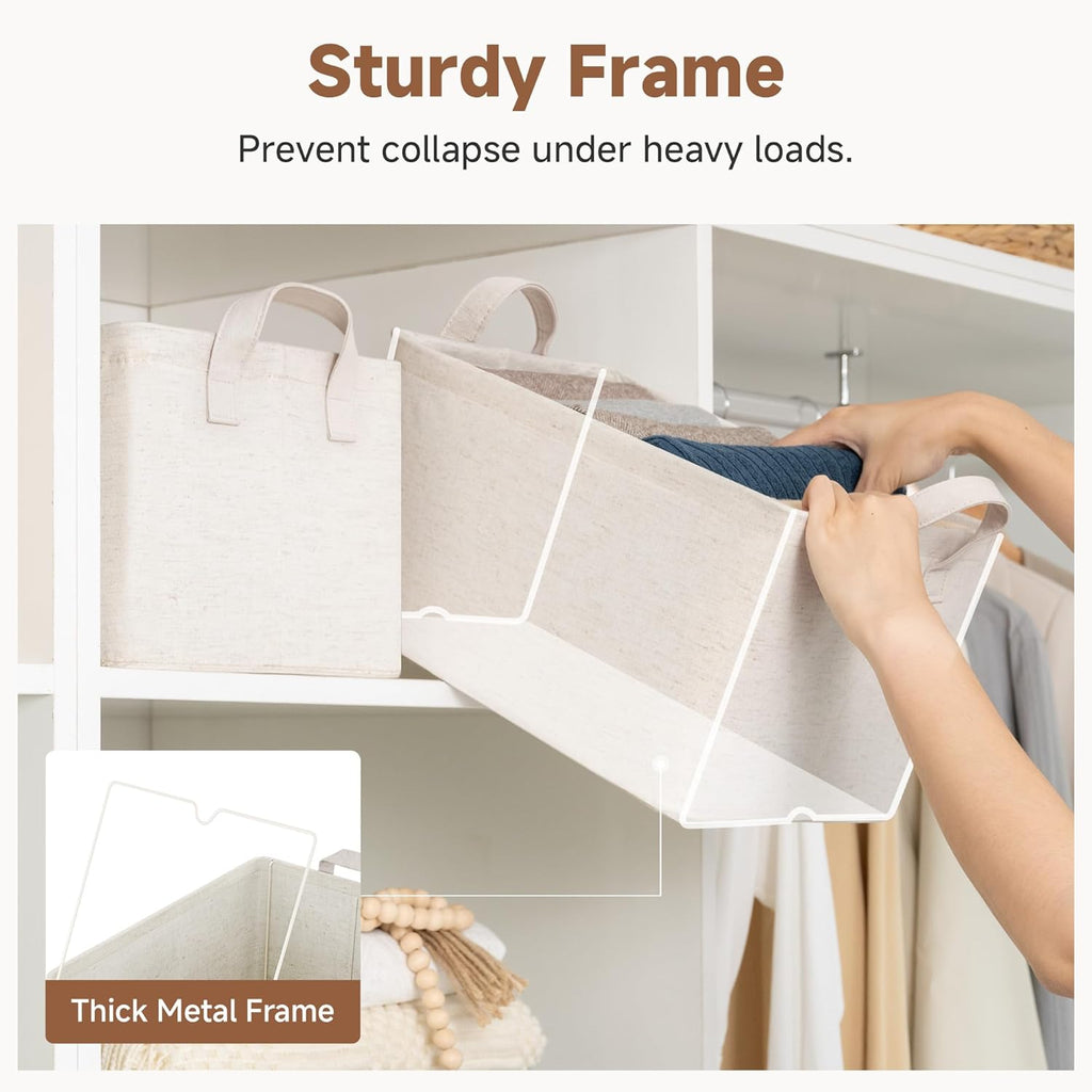 StorageWorks Storage Bins, Shelves Baskets for Organizing, Fabric Closet Organizers with Handles, Metal Frame, Beige（Cotton-linen）, 2-Pack