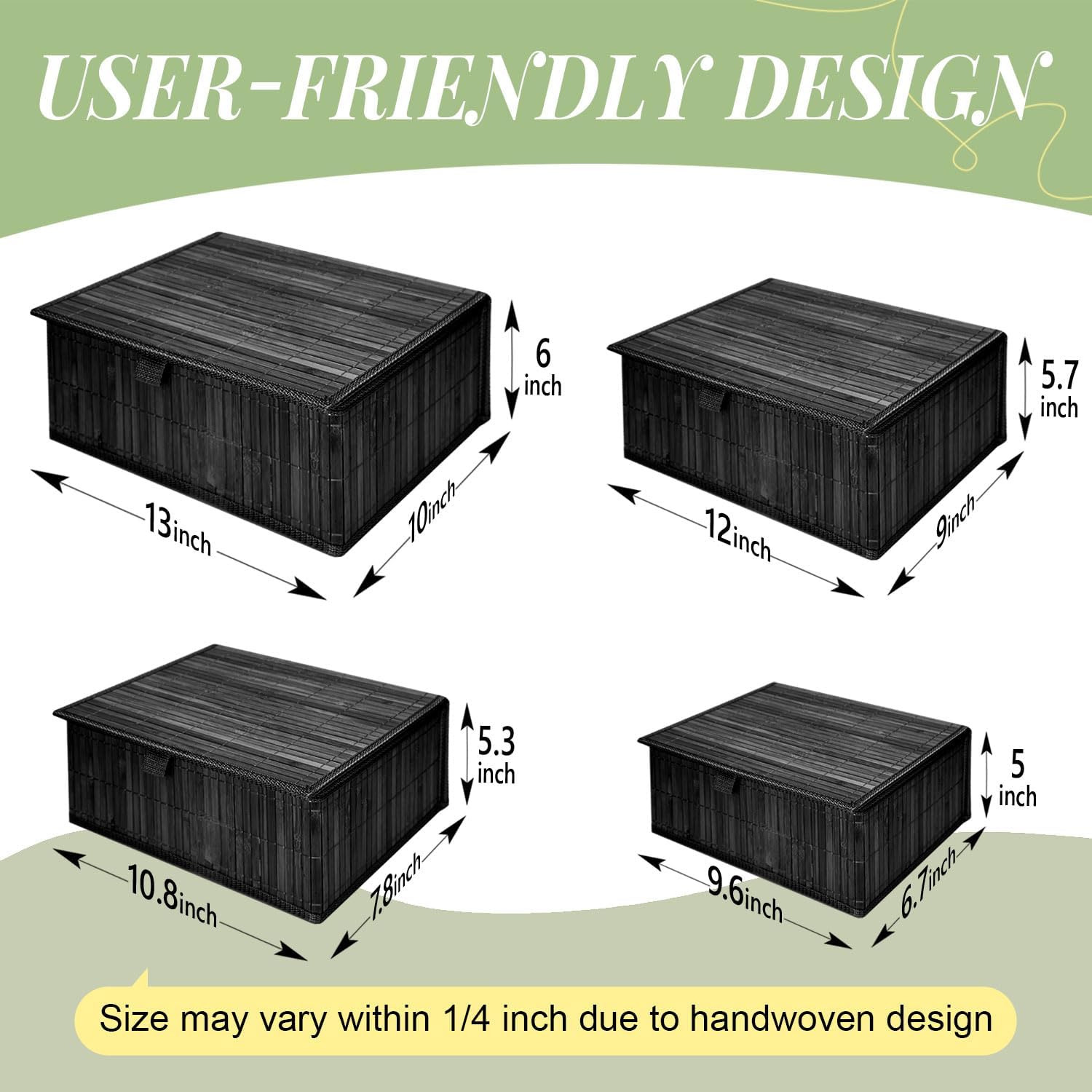 Wicker Basket With Lid Bamboo Storage Box for Shelf Bamboo Decor Storage Boxes With Lids-Rectangle Decorative Basket With Lid Organizer for Bedroom,Living Room (Set of 4,black)