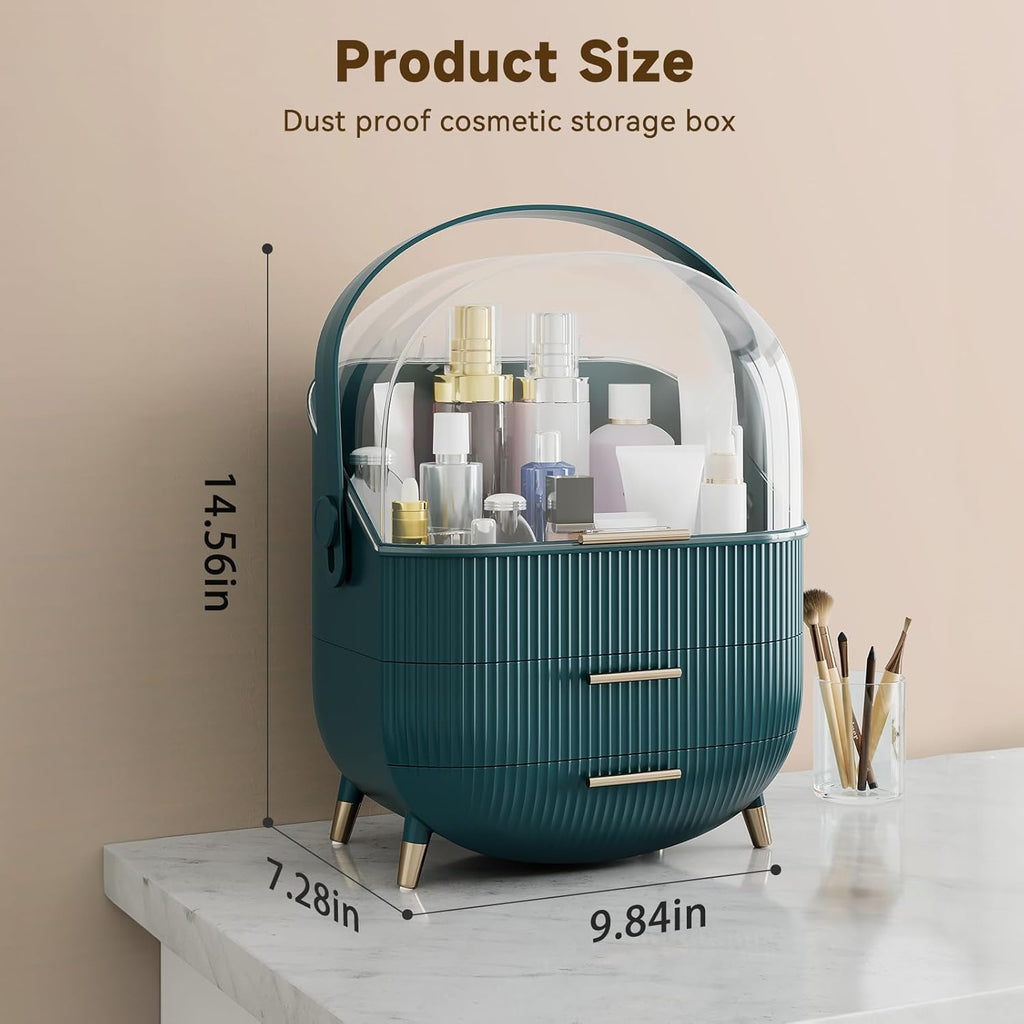 Makeup Organizers, Make Up Organizer for Vanity, Countertop Cosmetic Storage with Drawers and Transparent Cover for Bedroom Bathroom, Green
