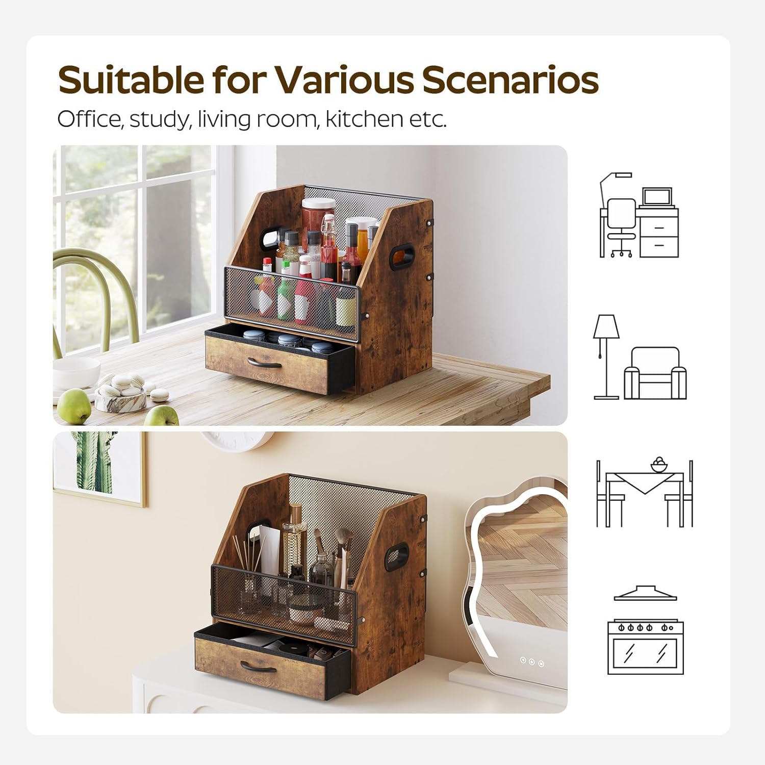 Vinyl Record Storage Crate with Fabric Drawer, Wooden LP Album Storage Holder for 12" Vinyls, All-in-One Organizer Holds 60 LPs