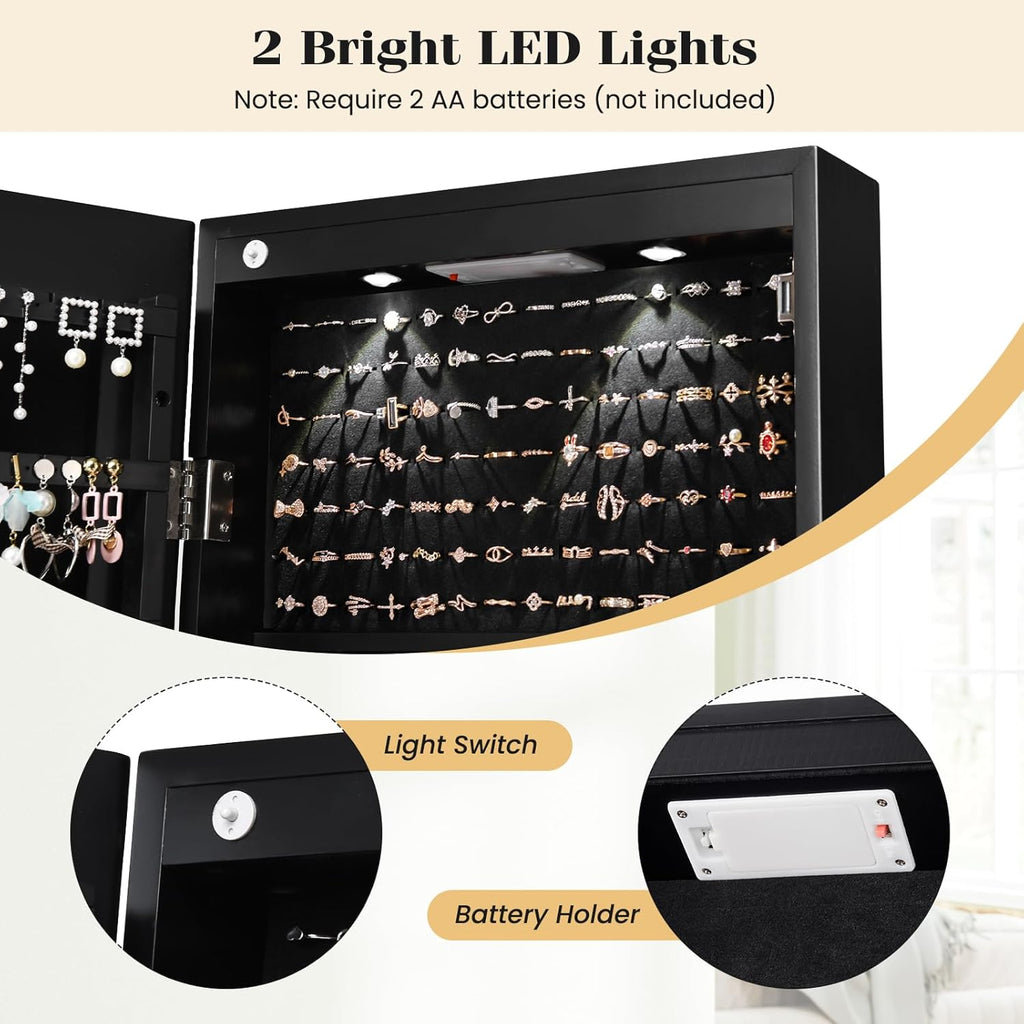 Giantex Wall Door Mounted Jewelry Armoire Cabinet with 47.5" H Full Length Mirror, 2 LEDs Lockable Jewelry Organizer Box with Bracelet Rod, 2 Drawers, Large Storage Capacity (Black)