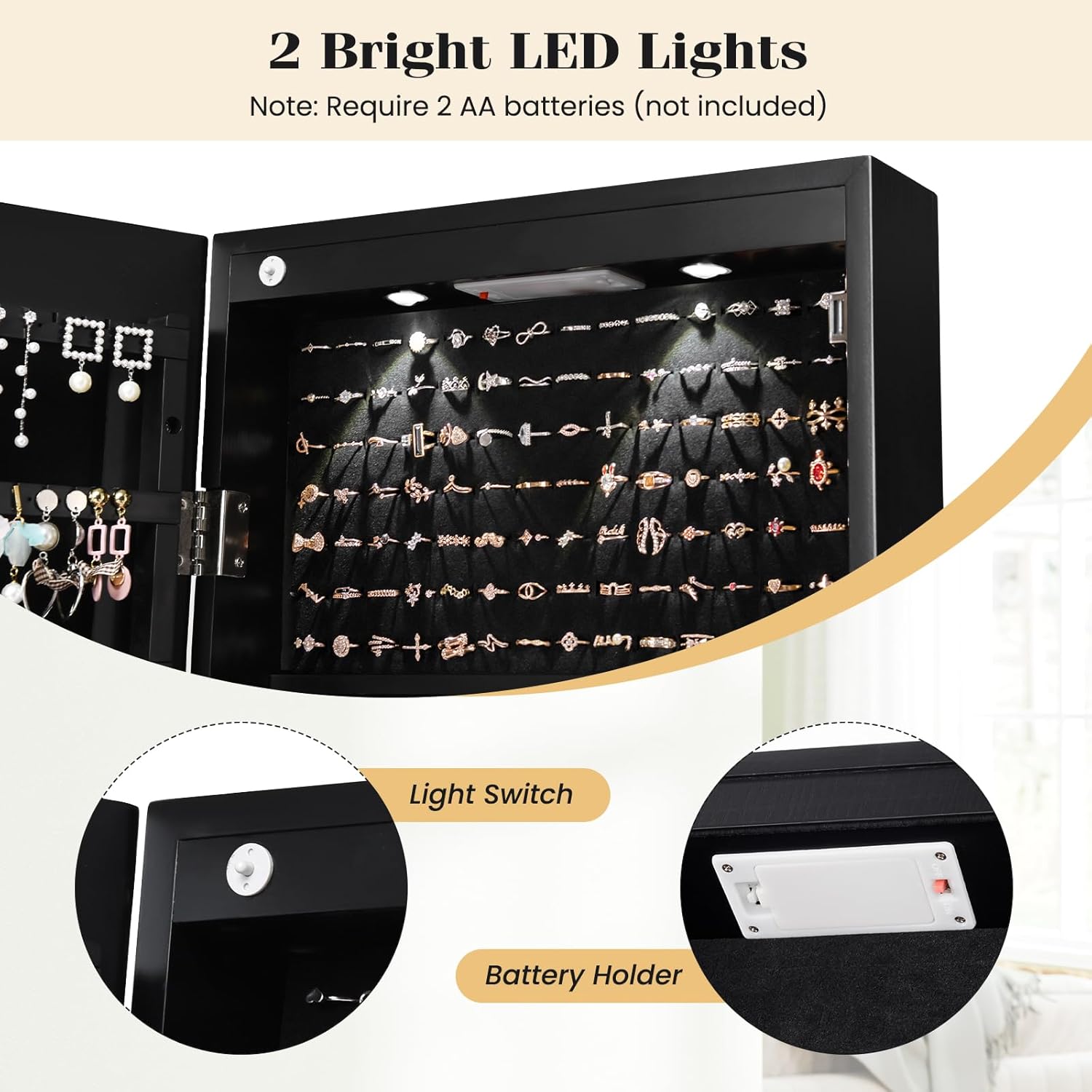 Giantex Wall Door Mounted Jewelry Armoire Cabinet with 47.5" H Full Length Mirror, 2 LEDs Lockable Jewelry Organizer Box with Bracelet Rod, 2 Drawers, Large Storage Capacity (Black)