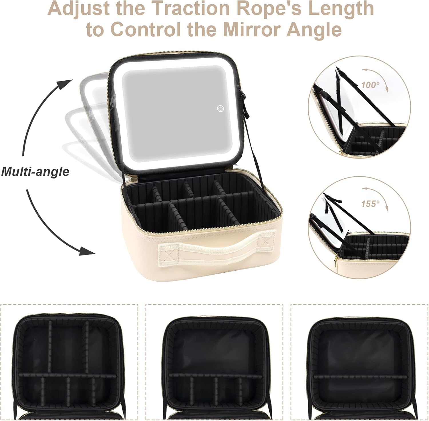 Portable Travel Makeup Bag with Lighted Mirror, 3 Color Brightness, Beige