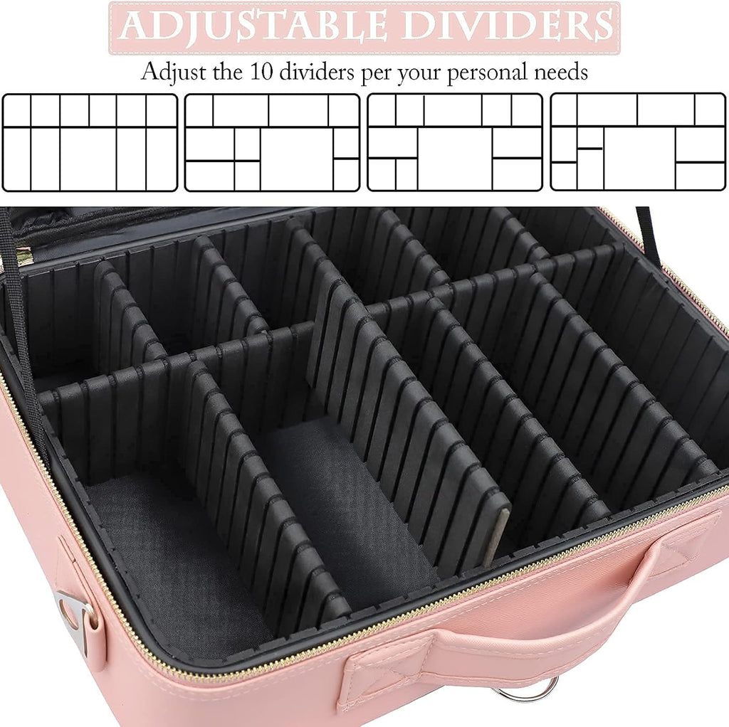 JOURMON Travel Makeup Train Case,Large Capacity Cosmetic Bags for Women,Portable Makeup Bag Organizer with Adjustable Dividers & Shoulder Strap(Pink, L)