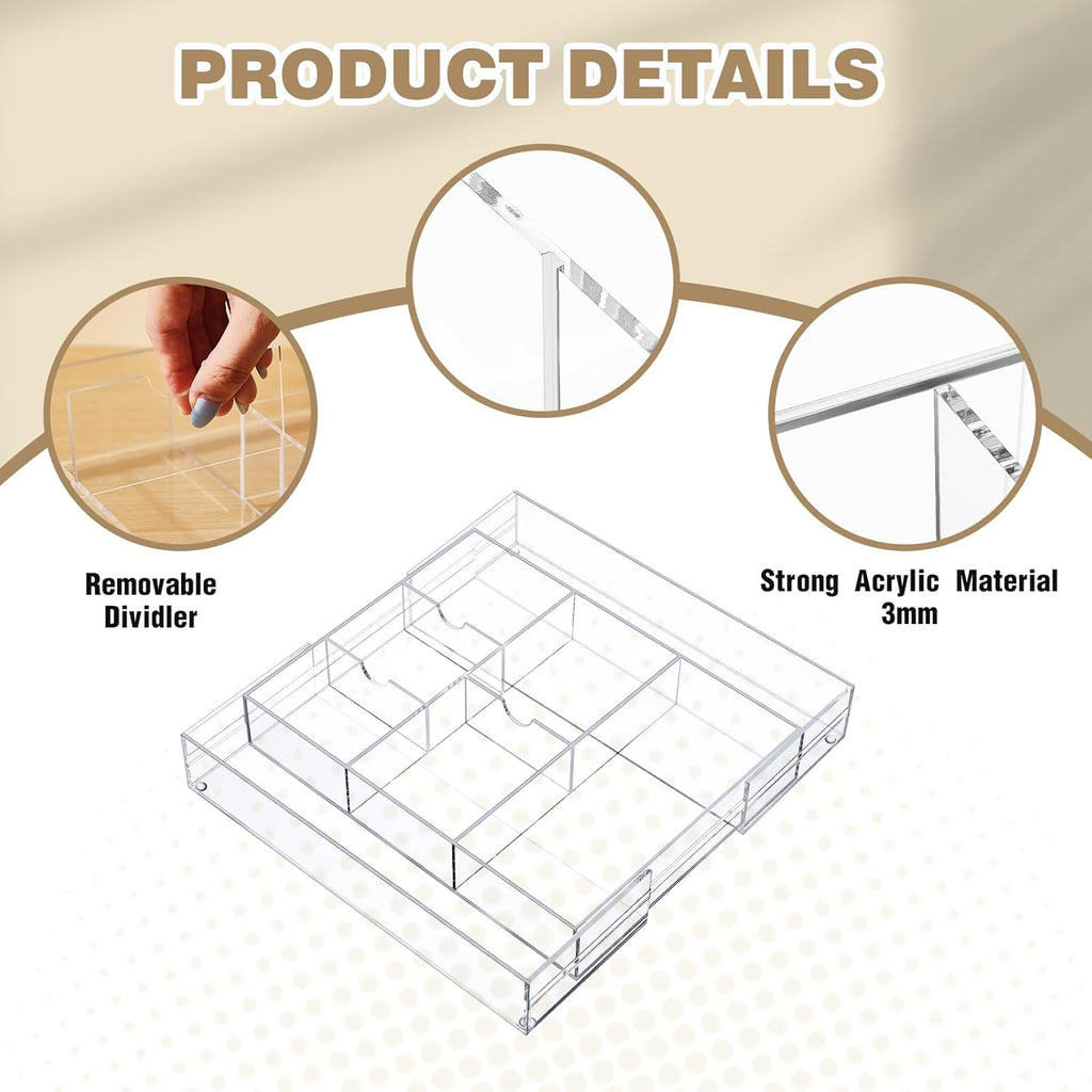 1 Pcs Acrylic Desk Drawer Organizer 2 Inch Height Expandable Drawer Organizer Trays with Adjustable Compartments Desk Accessories for Makeup Silverware Office Bathroom(Clear, Classic)
