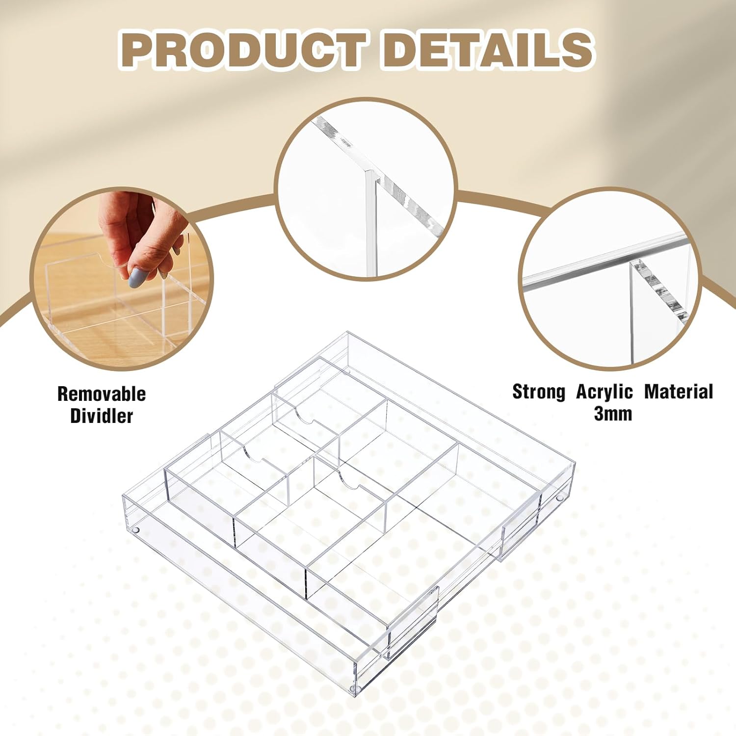 1 Pcs Acrylic Desk Drawer Organizer 2 Inch Height Expandable Drawer Organizer Trays with Adjustable Compartments Desk Accessories for Makeup Silverware Office Bathroom(Clear, Classic)