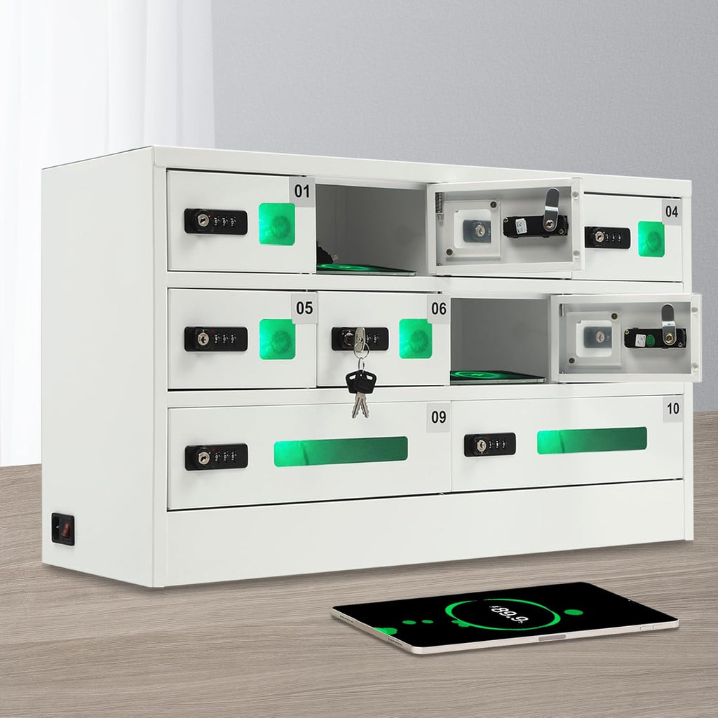10 Slot Cellphone Charging Station Cell Phone Locker with Combination Lock, Cellphone Storage Cabinet with 3 in 1 QC3.0 Fast Charging Ports for Most Phones Tablets, for Office Classroom