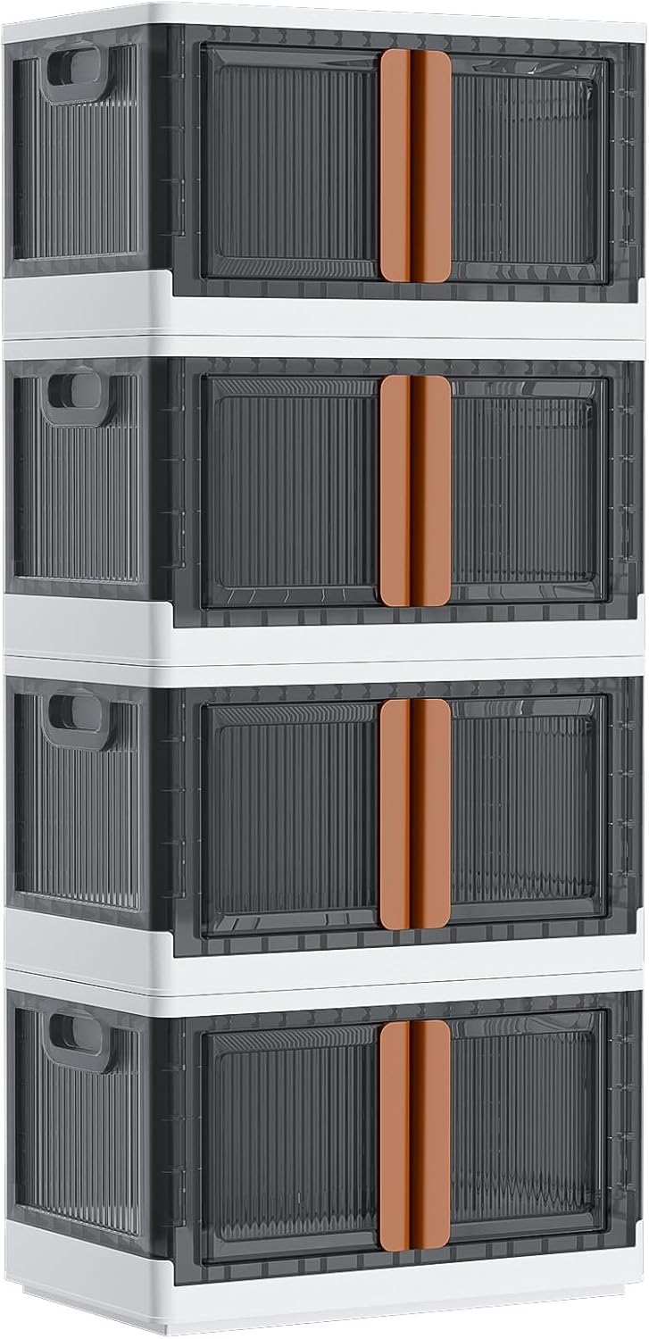 LCG 4-Tier Foldable Plastic Storage Bins with Lids and Doors, 76 Gallon (19 Gal x 4pack), Stackable Organizer Drawer (Extra Large)