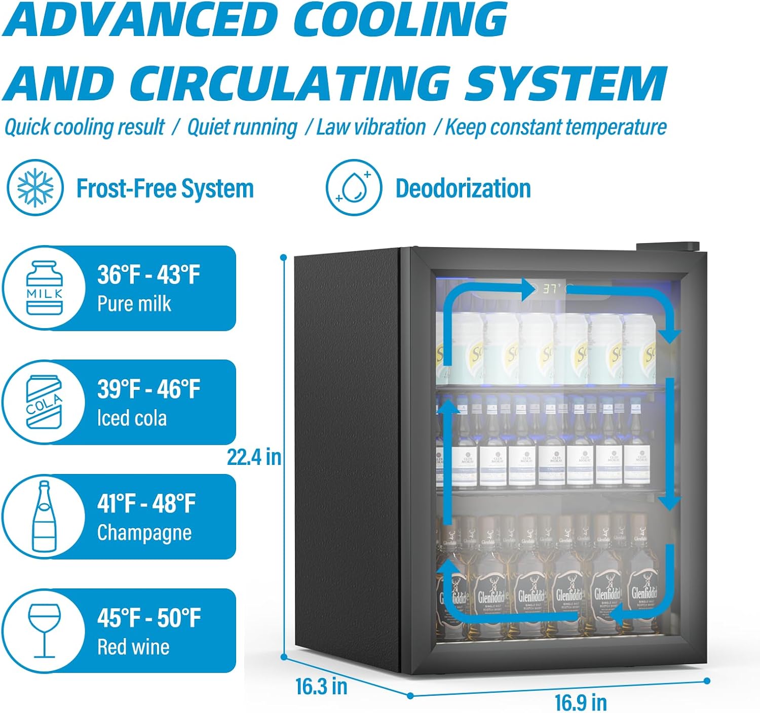 1.6 Cubic Feet Mini Fridge, 70 Can Freestanding Beverage Refrigerator with Glass Front Door for Soda, Beer Under Counter Small Refrigerator with Adjustable Shelves and Digital Display(Black)