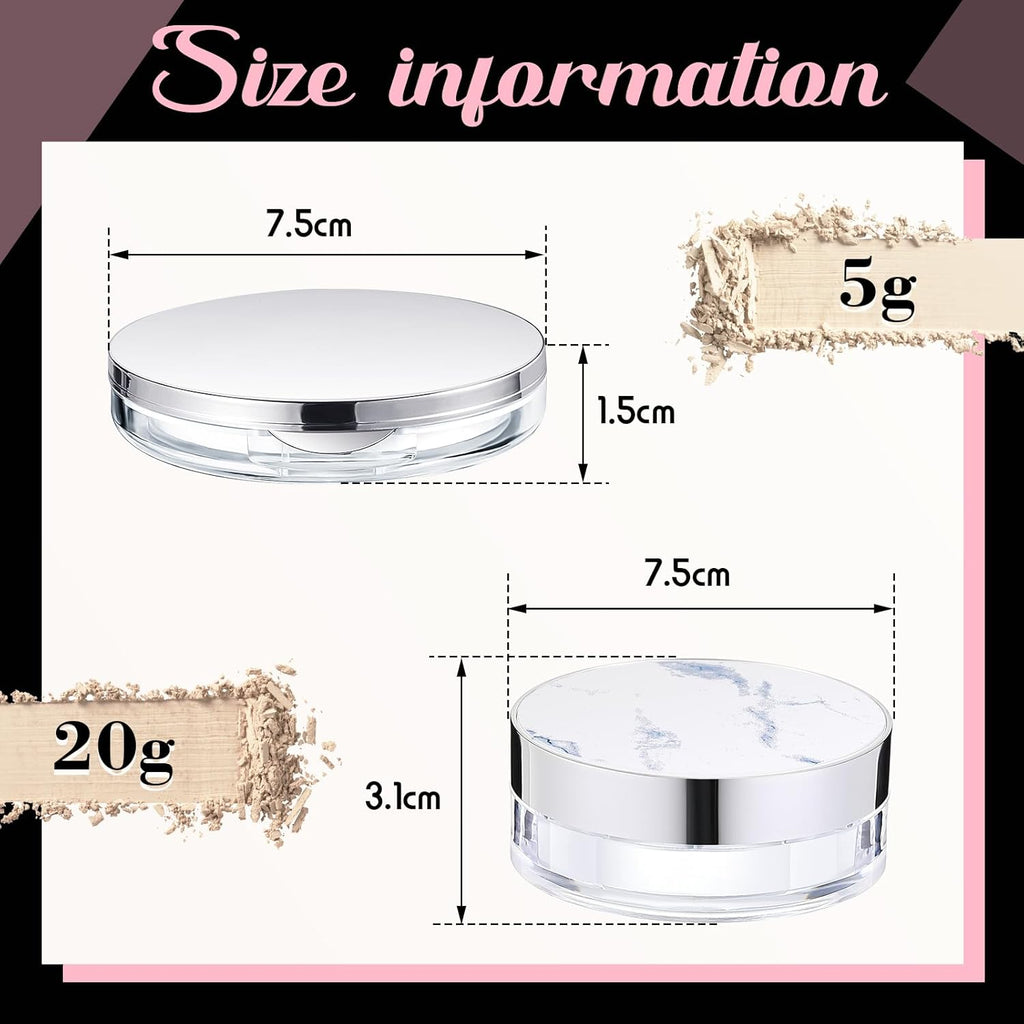 Cunhill 2 Pcs Loose Powder Container with Puff 0.17/0.7 oz Reusable Plastic Empty Case Portable DIY Makeup Powder Container Compact Case with Mirror and Net Sifter(Silver,Marble)
