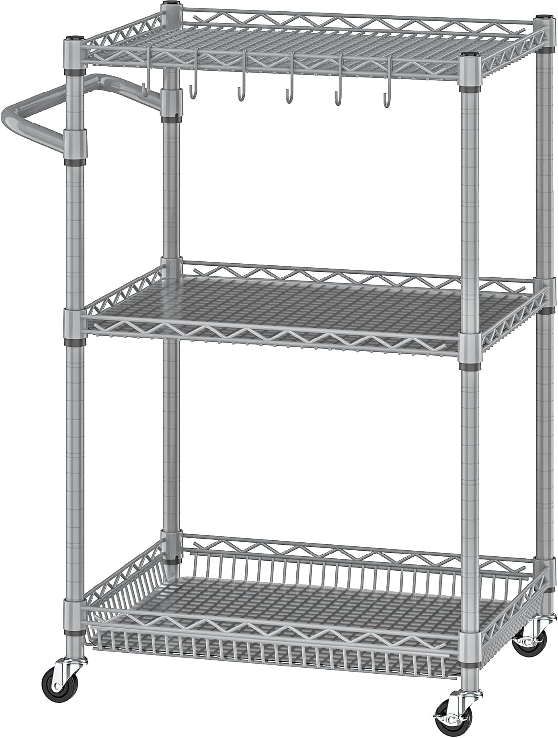 3 Tier Rolling Utility Carts with Wheels Heavy Duty Storage Cart 750Lbs Capacity Adjustable Kitchen Metal Organizer Cart with Handle & Shelf Liner Commercial Service Trolley for Indoor & Outdoor Use